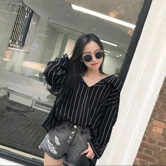 Black Oversized Striped Casual Office Blouse Shirt - Picture 2 of 8